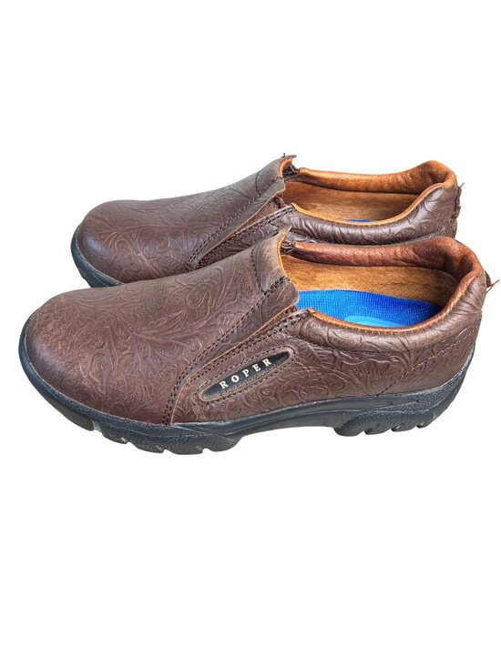 Roper Shoes - Roper Performance Slip On Shoes Womens 8 Brown Tooled Floral Leather Clogs Mocs